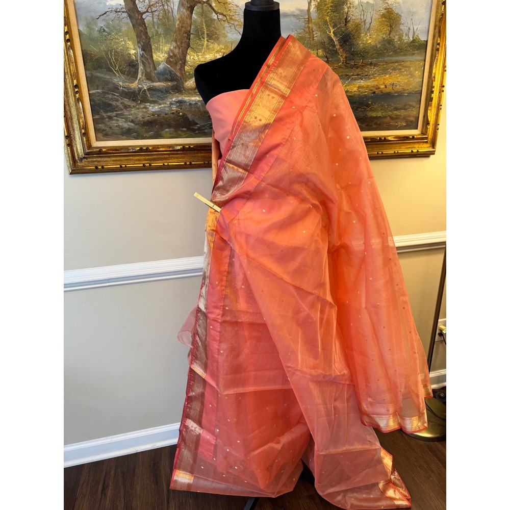 Peach Tissue Coral Gold Zari Embroidered Saree Set w Cotton Petticoat Indian
